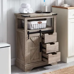 OKD Bathroom Floor Cabinet, Farmhouse Cabinet with Sliding Barn Door & Storage Drawers, Small Storage Cabinet for Bathroom, Kitchen, Living Room, Light Rustic Oak