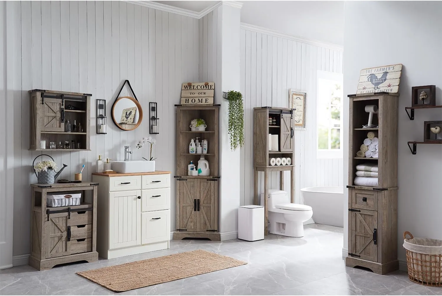 OKD Bathroom Floor Cabinet, Farmhouse Cabinet with Sliding Barn Door & Storage Drawers, Small Storage Cabinet for Bathroom, Kitchen, Living Room, Light Rustic Oak