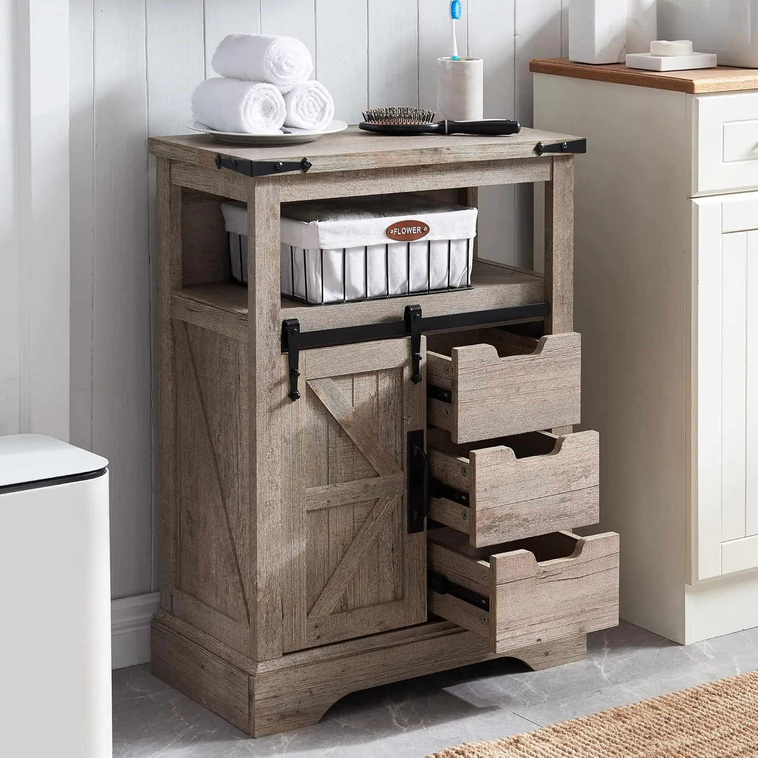 OKD Bathroom Floor Cabinet, Farmhouse Cabinet with Sliding Barn Door & Storage Drawers, Small Storage Cabinet for Bathroom, Kitchen, Living Room, Light Rustic Oak