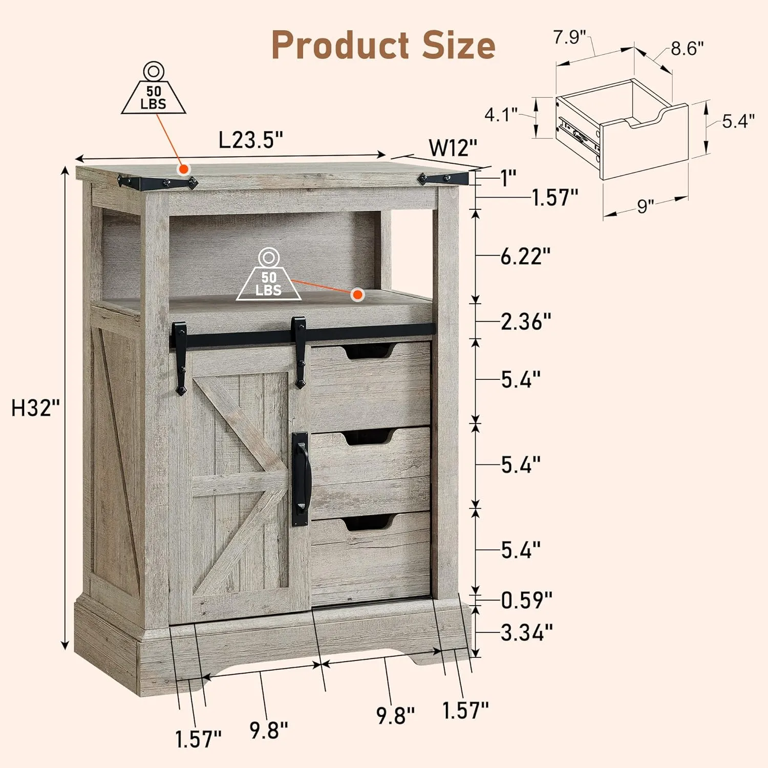 OKD Bathroom Floor Cabinet, Farmhouse Cabinet with Sliding Barn Door & Storage Drawers, Small Storage Cabinet for Bathroom, Kitchen, Living Room, Light Rustic Oak
