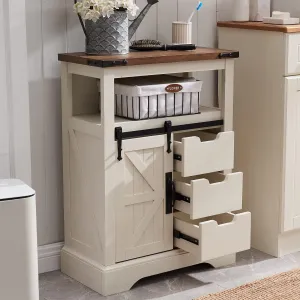 OKD Bathroom Floor Cabinet, Farmhouse Cabinet with Sliding Barn Door & Storage Drawers, Small Storage Cabinet for Bathroom, Kitchen, Living Room, Rustic Oak with Antique White