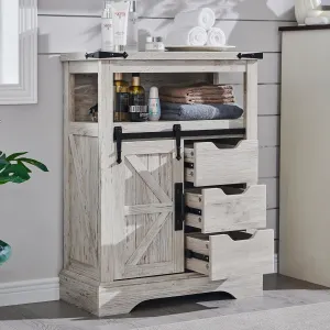 OKD Bathroom Floor Cabinet, Farmhouse Small Storage Cabinet with Sliding Barn Door & Drawers for Bathroom, Kitchen, Living Room, Antique Brush White