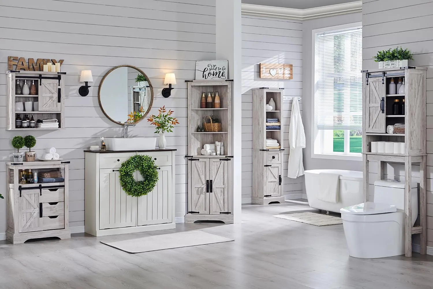 OKD Bathroom Floor Cabinet, Farmhouse Small Storage Cabinet with Sliding Barn Door & Drawers for Bathroom, Kitchen, Living Room, Antique Brush White