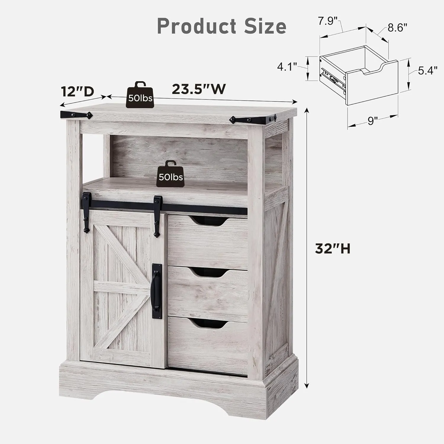 OKD Bathroom Floor Cabinet, Farmhouse Small Storage Cabinet with Sliding Barn Door & Drawers for Bathroom, Kitchen, Living Room, Antique Brush White