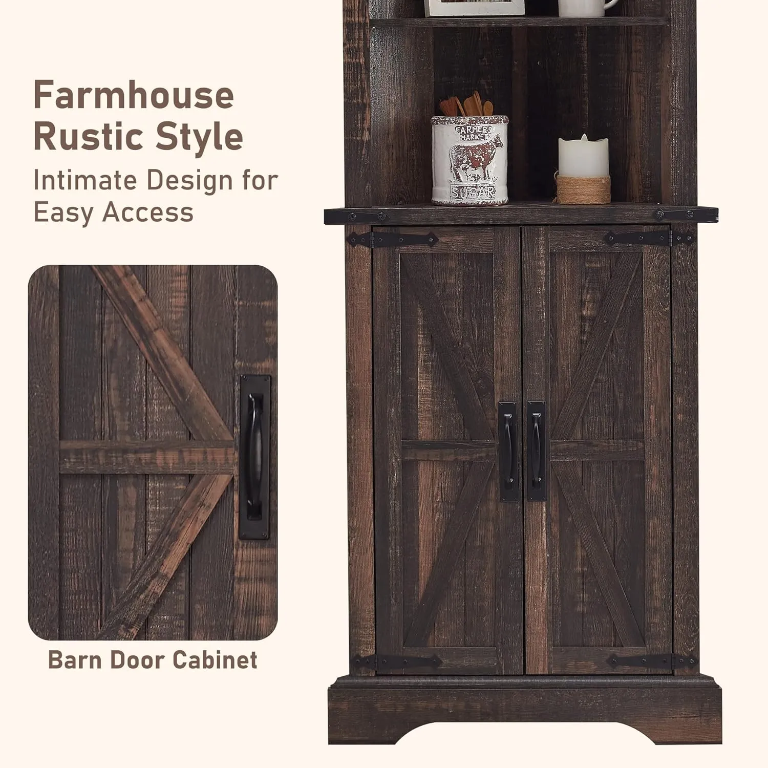 OKD Tall Corner Cabinet, Farmhouse Storage Cabinet with Barn Door Design & Adjustable Shelves, Home Space Saver for Bathroom, Living Room, Dark Rustic Oak