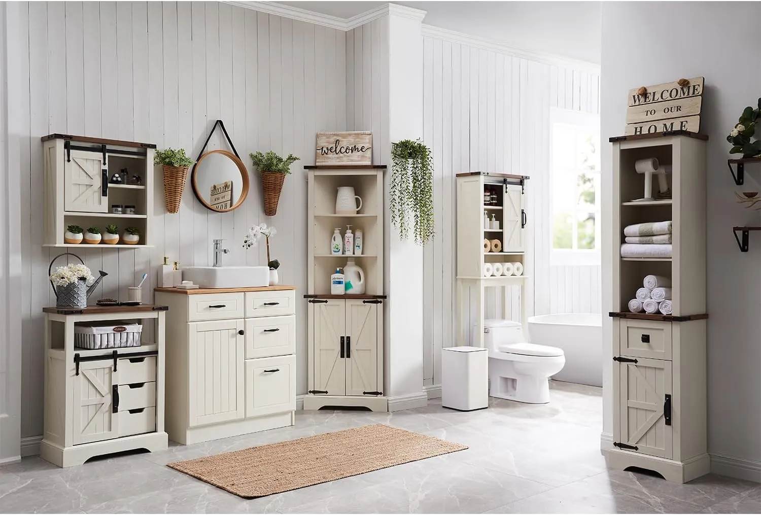 OKD Tall Corner Cabinet, Farmhouse Storage Cabinet with Barn Door Design & Adjustable Shelves, Home Space Saver for Bathroom, Living Room, Rustic Oak with Antique White