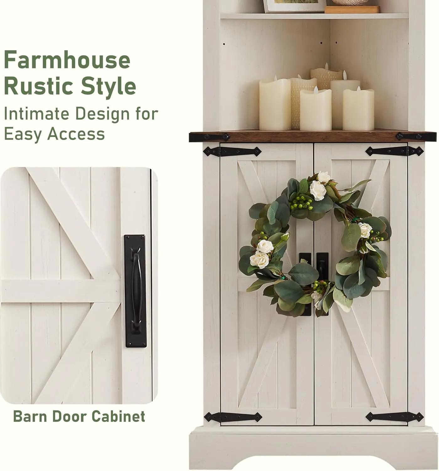 OKD Tall Corner Cabinet, Farmhouse Storage Cabinet with Barn Door Design & Adjustable Shelves, Home Space Saver for Bathroom, Living Room, Rustic Oak with Antique White