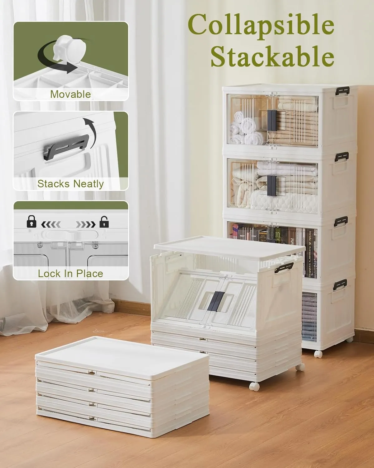 OlarHike 48QT Lockable Storage Bins with Lids - Folding Storage box with Doors and Wheels, Collapsible Plastic Storage Bins for Closets, Stackable Storage Organizer, Storage Containers, 4 Pack Cubes