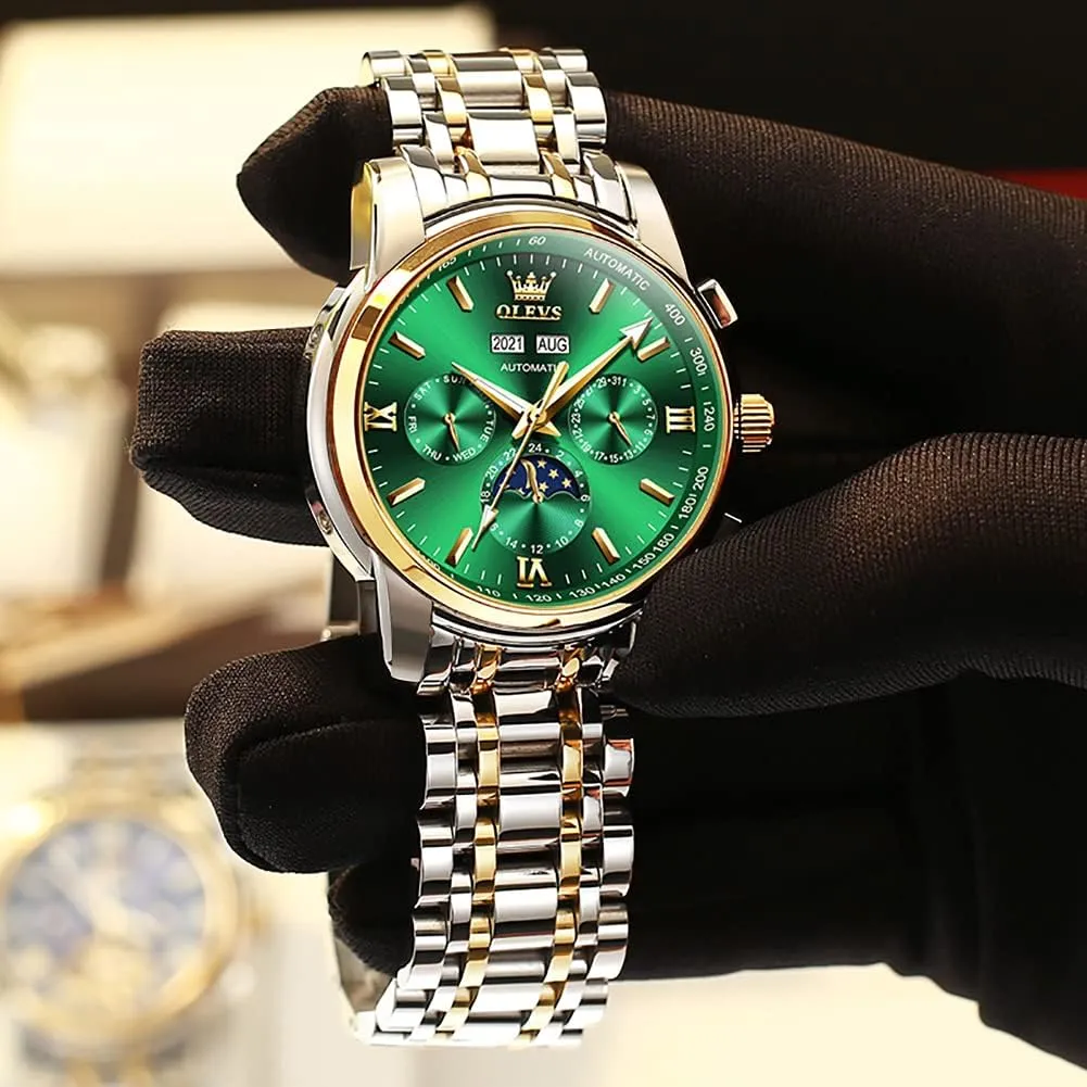 OLEVS Automatic Men Watch Self Winding Mechanical Luxury Dress Moon Phase Stainless Steel Waterproof Luminous Calendar Wrist Watch