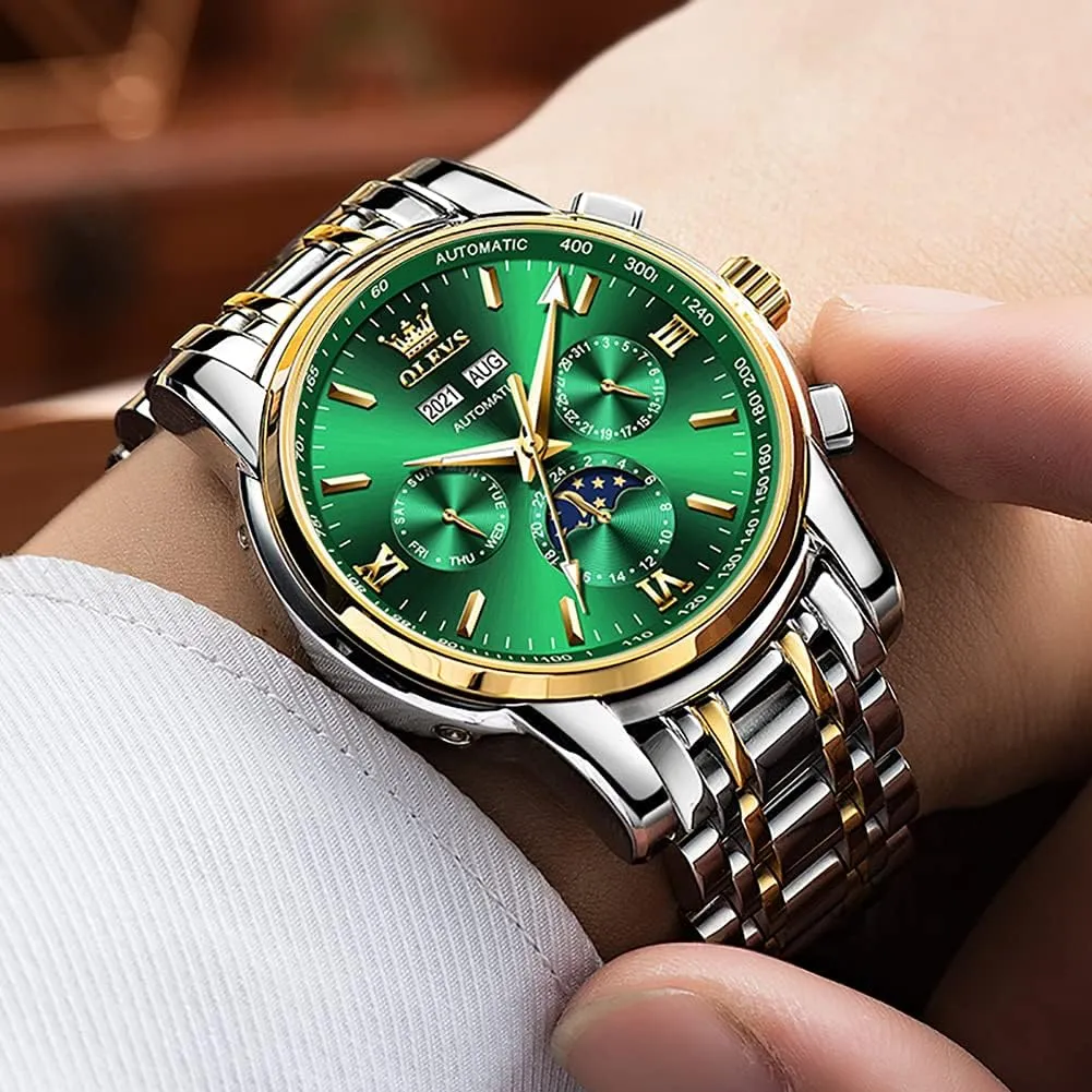 OLEVS Automatic Men Watch Self Winding Mechanical Luxury Dress Moon Phase Stainless Steel Waterproof Luminous Calendar Wrist Watch