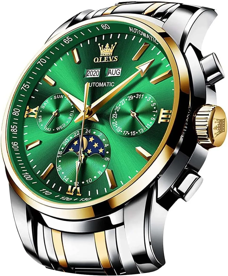 OLEVS Automatic Men Watch Self Winding Mechanical Luxury Dress Moon Phase Stainless Steel Waterproof Luminous Calendar Wrist Watch