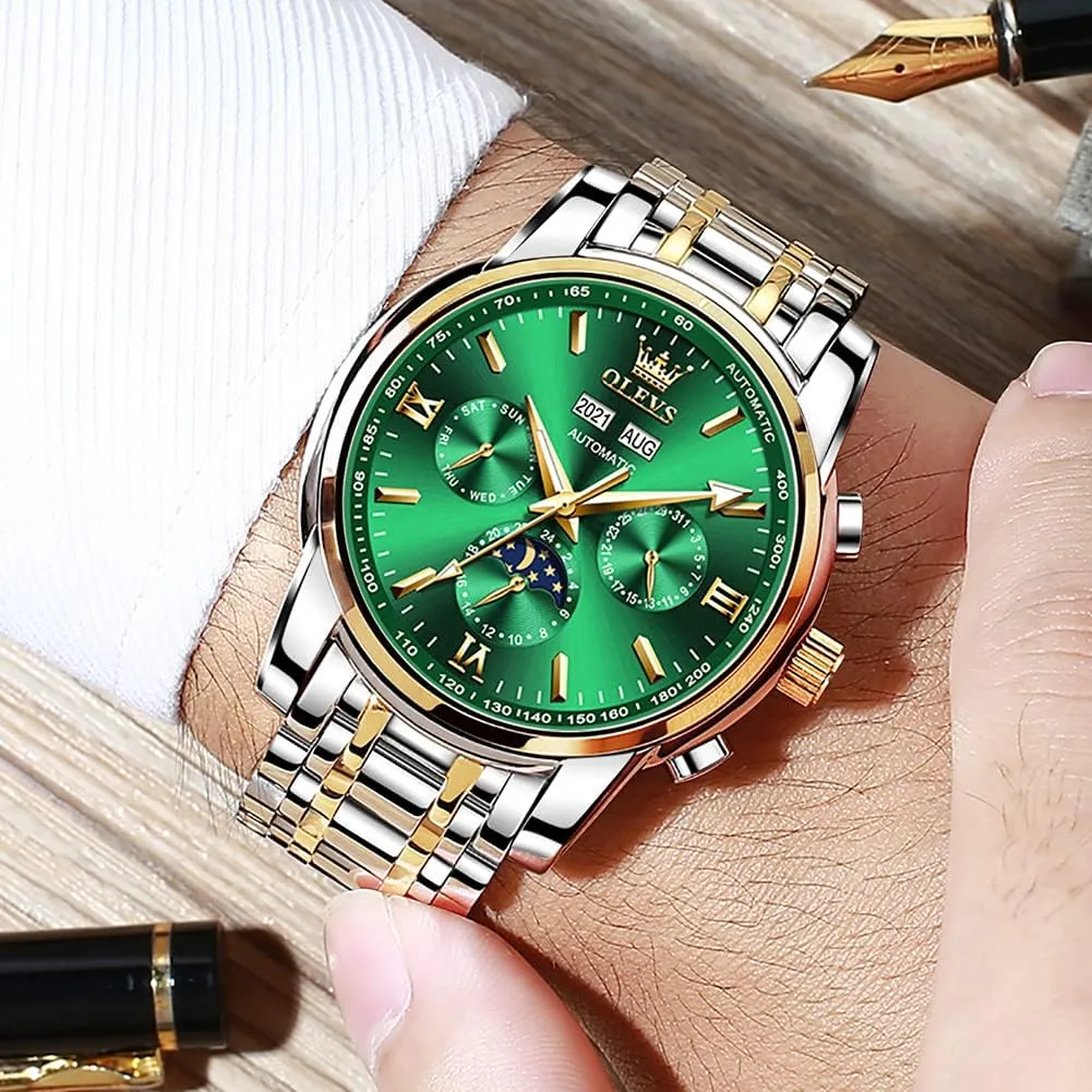 OLEVS Automatic Men Watch Self Winding Mechanical Luxury Dress Moon Phase Stainless Steel Waterproof Luminous Calendar Wrist Watch