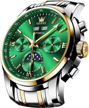 OLEVS Automatic Men Watch Self Winding Mechanical Luxury Dress Moon Phase Stainless Steel Waterproof Luminous Calendar Wrist Watch