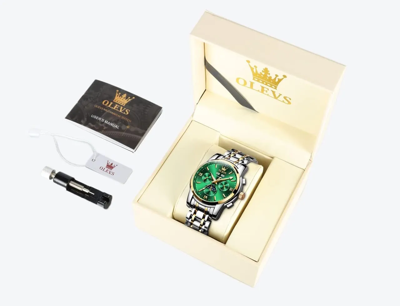 OLEVS Automatic Men Watch Self Winding Mechanical Luxury Dress Moon Phase Stainless Steel Waterproof Luminous Calendar Wrist Watch