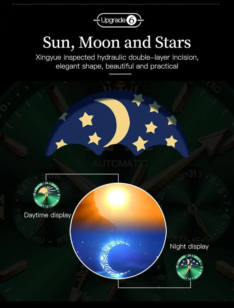 OLEVS Automatic Men Watch Self Winding Mechanical Luxury Dress Moon Phase Stainless Steel Waterproof Luminous Calendar Wrist Watch