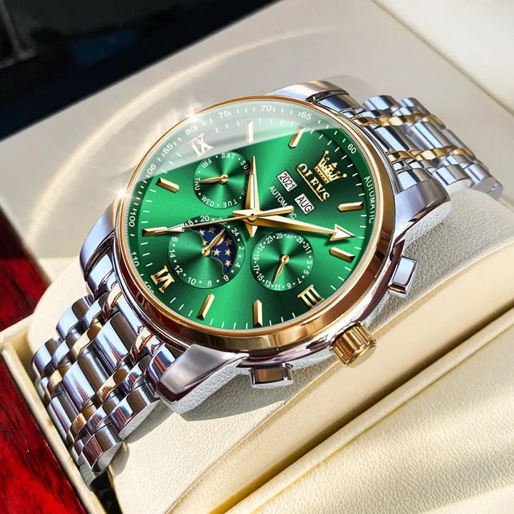 OLEVS Automatic Men Watch Self Winding Mechanical Luxury Dress Moon Phase Stainless Steel Waterproof Luminous Calendar Wrist Watch