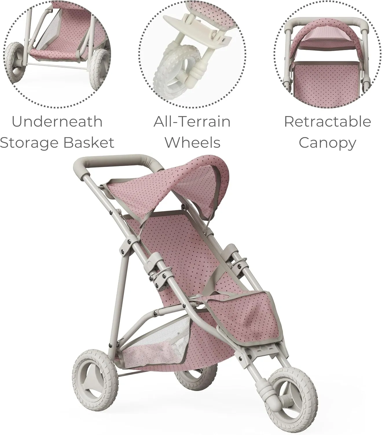 Olivia's Little World Doll Jogging-Style Stroller with Canopy, Storage Underneath, Pink and Cream and Gray