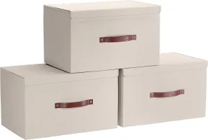 Ornavo Home 3 Pack Collapsible Storage Bins with Lid, Foldable Linen Fabric Shelf Storage Basket Closet Organizer and Large Storage Box for Clothes with Leather Handles, 15 x 10 x 9, Beige