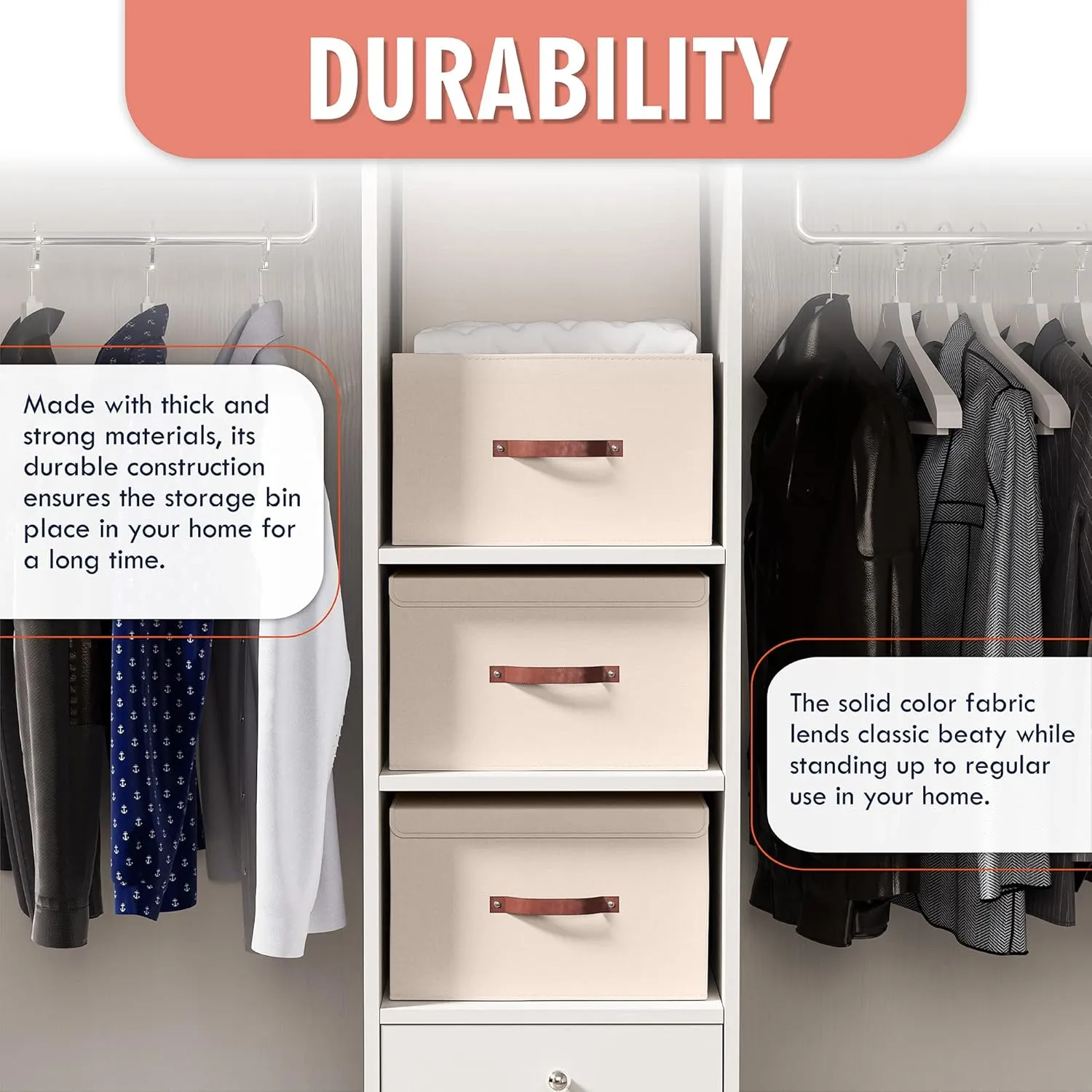 Ornavo Home 3 Pack Collapsible Storage Bins with Lid, Foldable Linen Fabric Shelf Storage Basket Closet Organizer and Large Storage Box for Clothes with Leather Handles, 15 x 10 x 9, Beige
