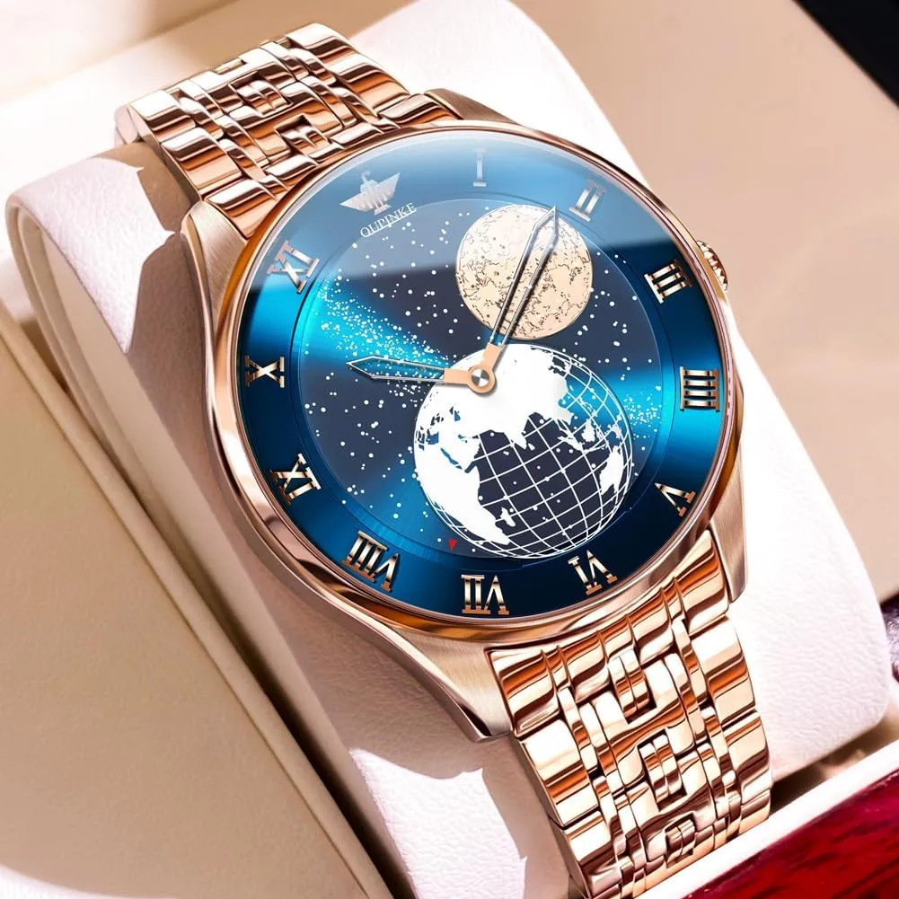 OUPINKE Mens Watches Skeleton Automatic Mechanical Premium with Calendar Sapphire Crystal Tungsten Steel Waterproof Wrist Watch