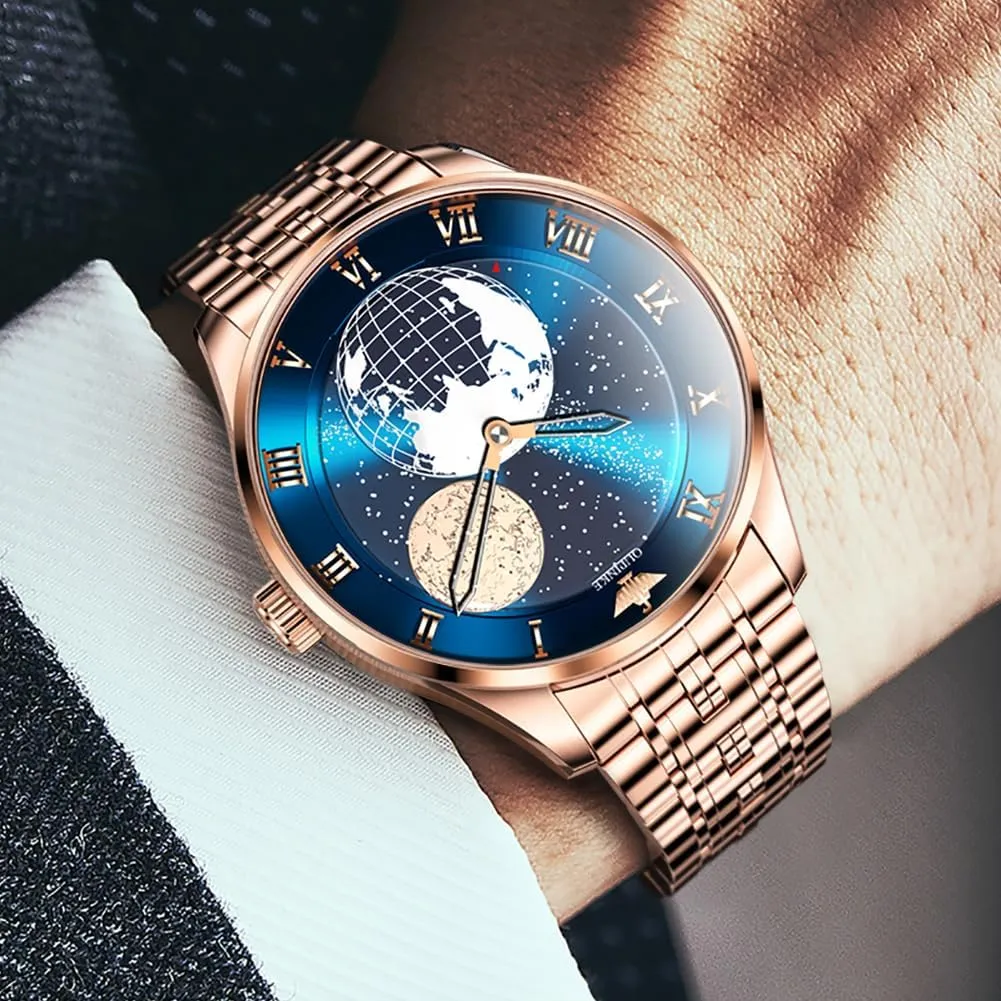 OUPINKE Mens Watches Skeleton Automatic Mechanical Premium with Calendar Sapphire Crystal Tungsten Steel Waterproof Wrist Watch