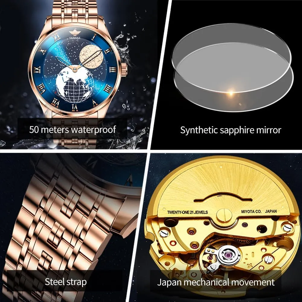 OUPINKE Mens Watches Skeleton Automatic Mechanical Premium with Calendar Sapphire Crystal Tungsten Steel Waterproof Wrist Watch