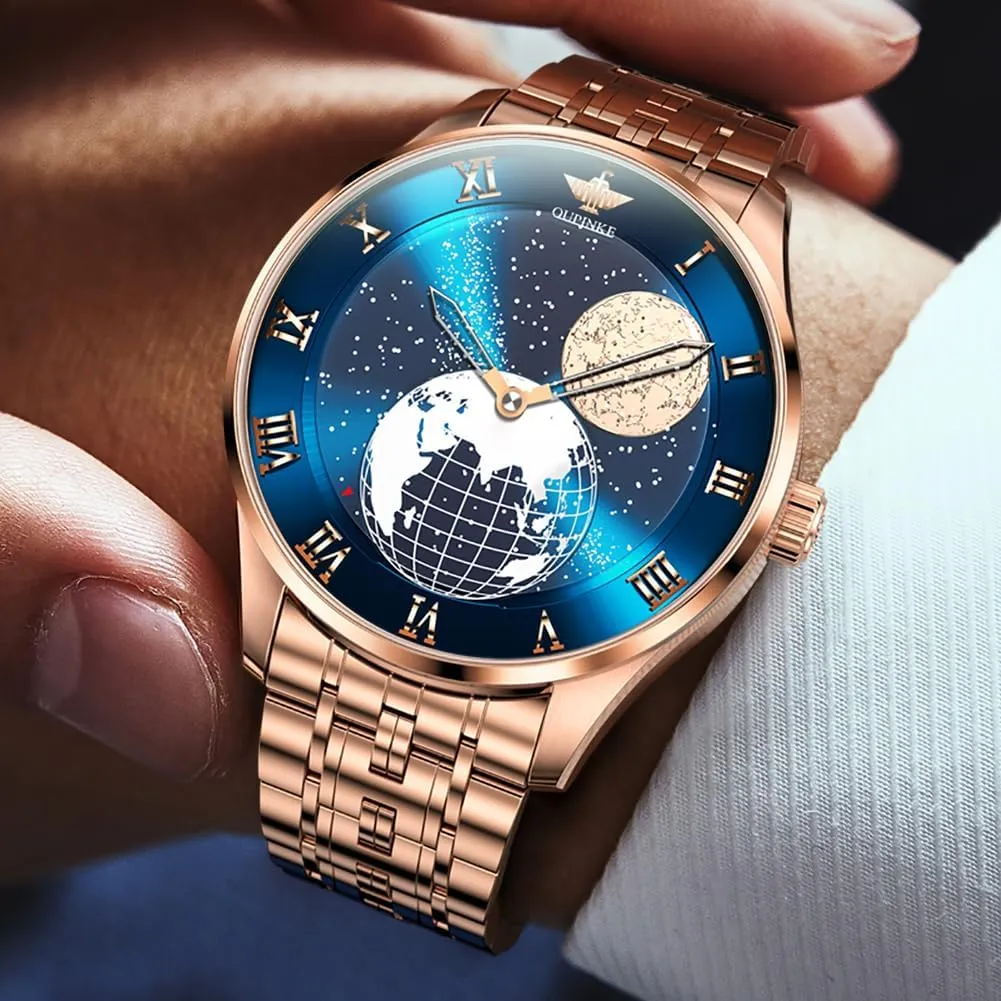 OUPINKE Mens Watches Skeleton Automatic Mechanical Premium with Calendar Sapphire Crystal Tungsten Steel Waterproof Wrist Watch