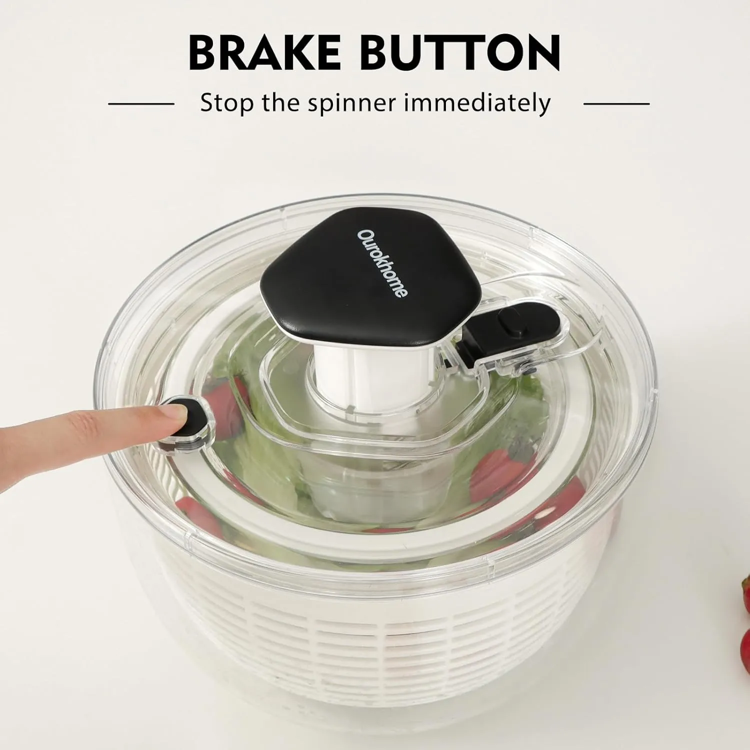 Ourokhome Salad Spinner Lettuce Dryer, One-handed Easy Press Large Vegetable Dryer Salad Mixer with Comfortable and Retractable Pusher and Brake Button for Greens, Herb, Berry, Fruits, 3.8 QT, Black