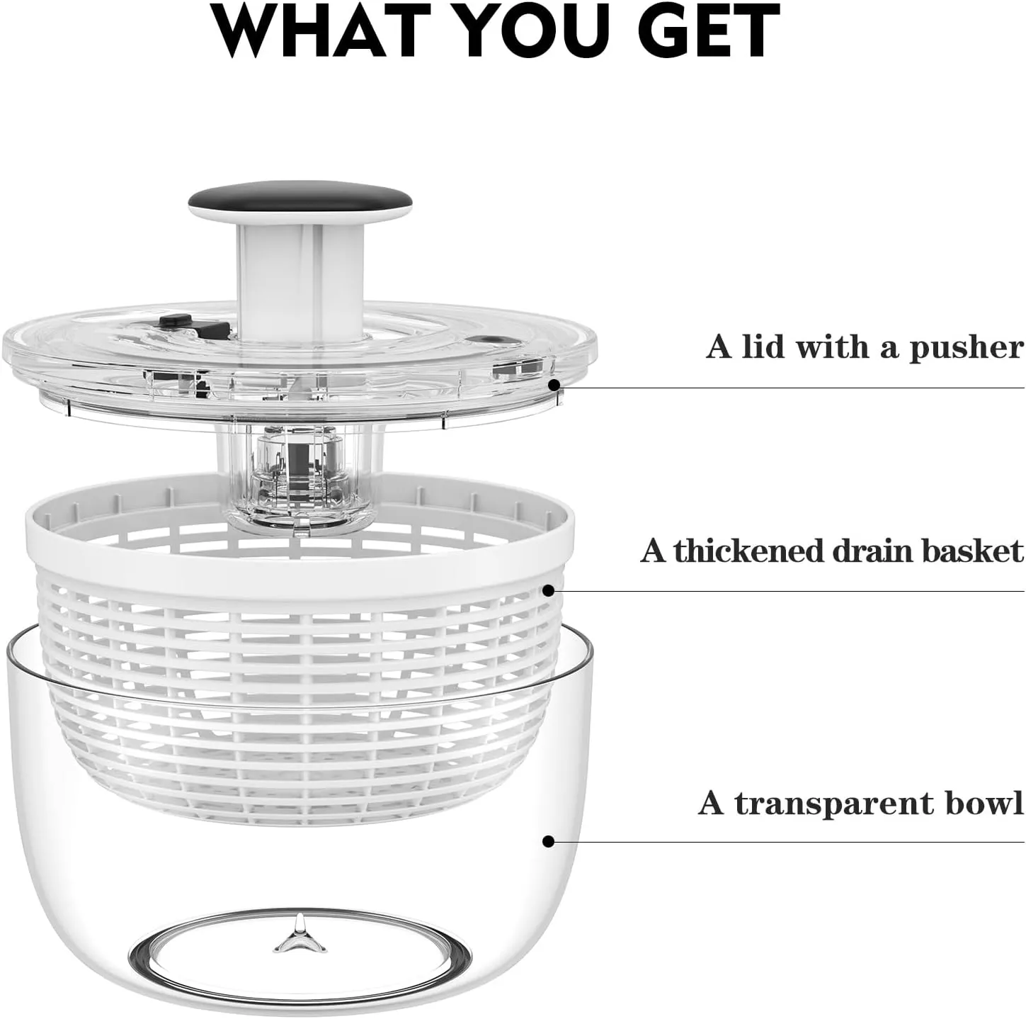 Ourokhome Salad Spinner Lettuce Dryer, One-handed Easy Press Large Vegetable Dryer Salad Mixer with Comfortable and Retractable Pusher and Brake Button for Greens, Herb, Berry, Fruits, 3.8 QT, Black