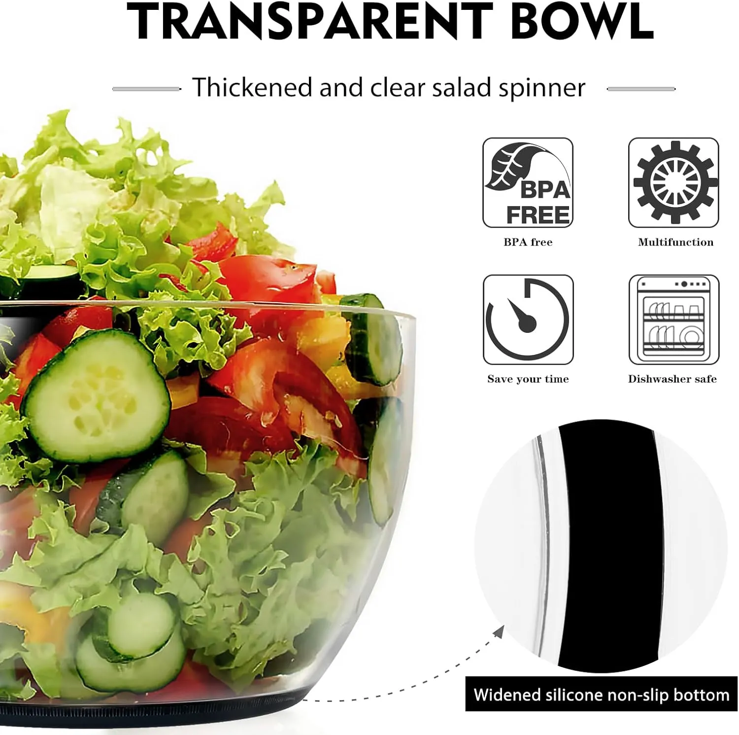Ourokhome Salad Spinner Lettuce Dryer, One-handed Easy Press Large Vegetable Dryer Salad Mixer with Comfortable and Retractable Pusher and Brake Button for Greens, Herb, Berry, Fruits, 3.8 QT, Black