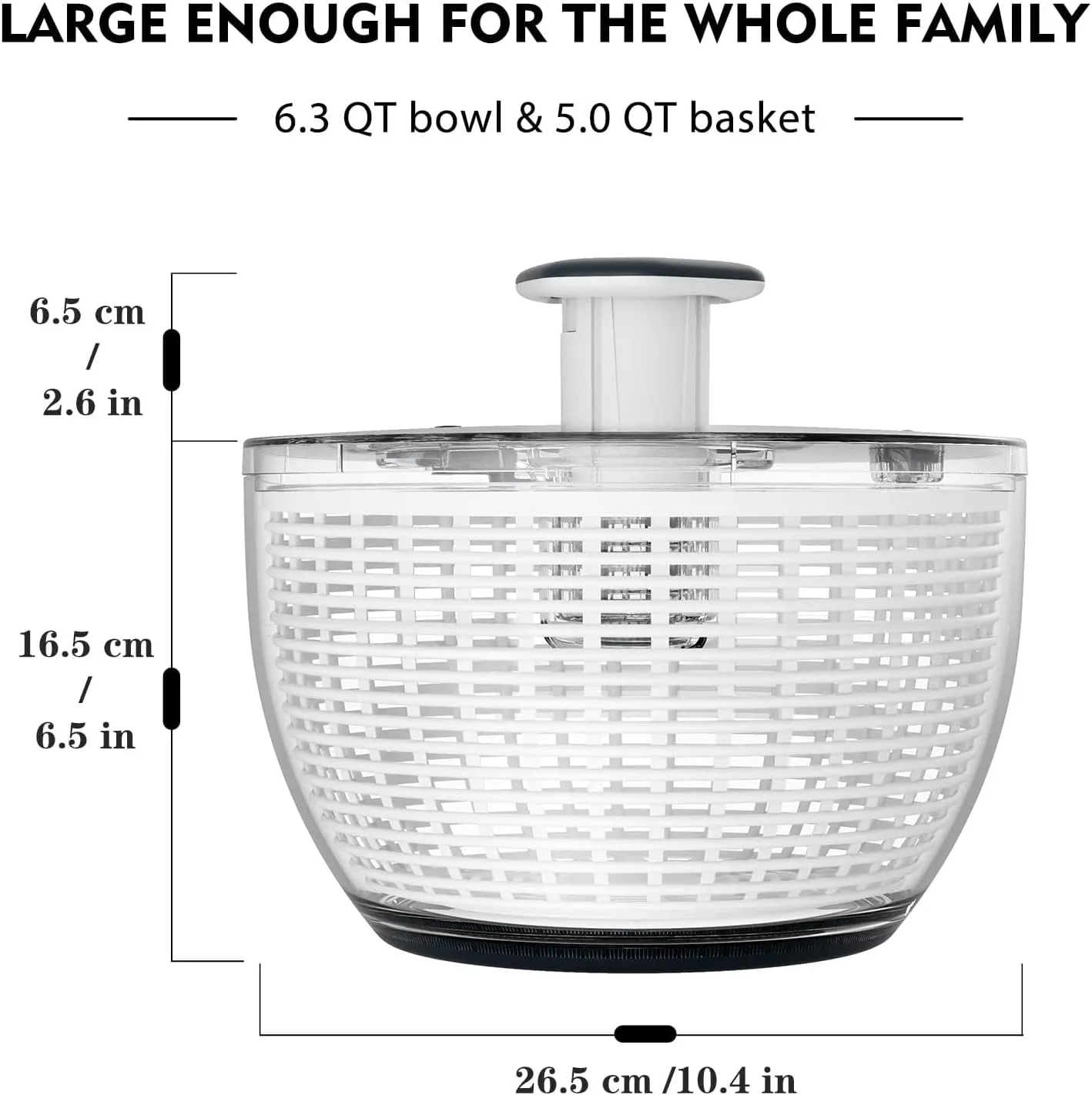 Ourokhome Salad Spinner Lettuce Dryer, One-handed Easy Press Large Vegetable Dryer Salad Mixer with Comfortable and Retractable Pusher and Brake Button for Greens, Herb, Berry, Fruits, 6.3 QT, Black