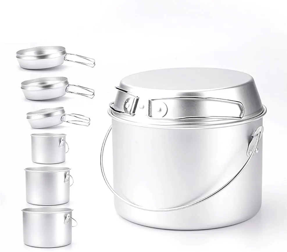 Outdoor Camping Pot and Pan Set Aluminum Hanging Pot Folding Handle Frying Pan for Camping Hiking
