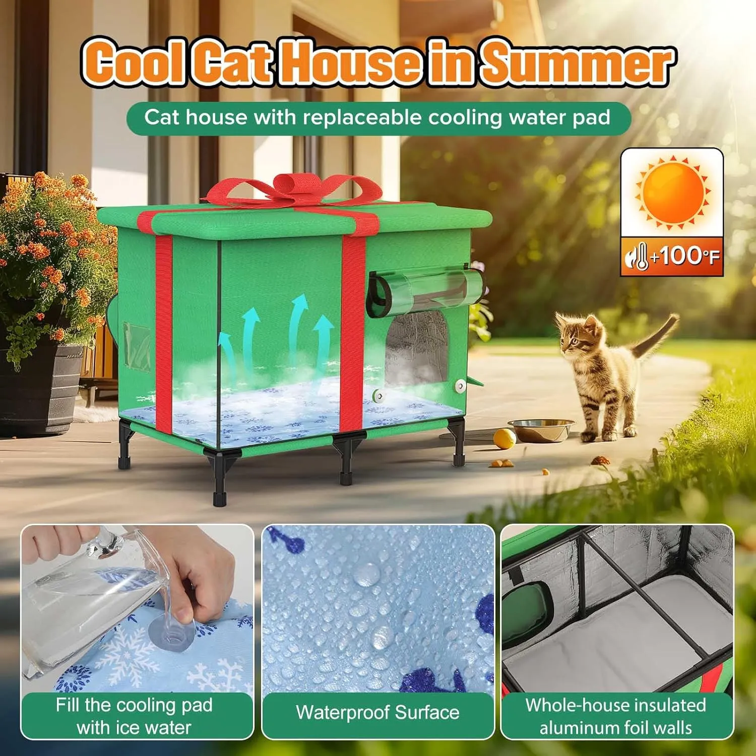 Outdoor Cat House, Weatherproof and Insulated Outside Cat Shelter with Heated Pad and Cooling Pad(4 Seasons Universal),Gift Box for Cats.(Large)