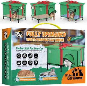 Outdoor Cat House, Weatherproof and Insulated Outside Cat Shelter with Heated Pad and Cooling Pad(4 Seasons Universal),Gift Box for Cats.(Large)