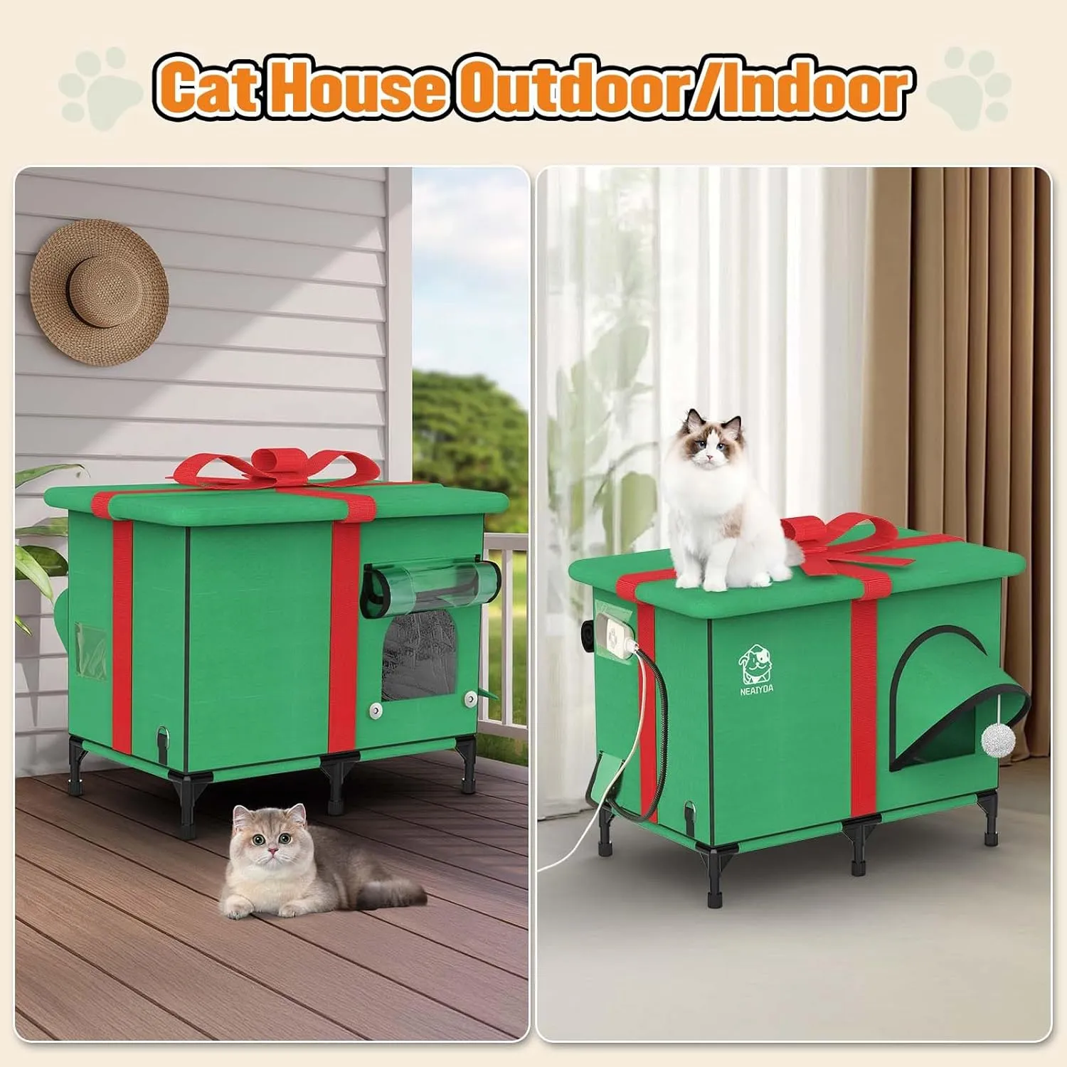 Outdoor Cat House, Weatherproof and Insulated Outside Cat Shelter with Heated Pad and Cooling Pad(4 Seasons Universal),Gift Box for Cats.(Large)