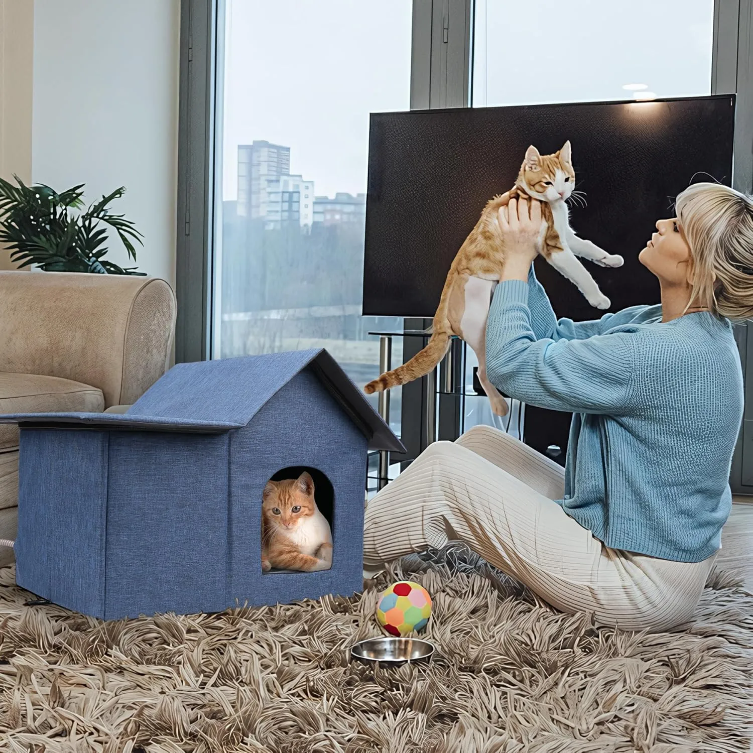 Outdoor Cat Houses Weatherproof Shelter for Outdoor Feral Cats and Kitty with Pad 19 X 22 X 17 Inches (Sky Blue)
