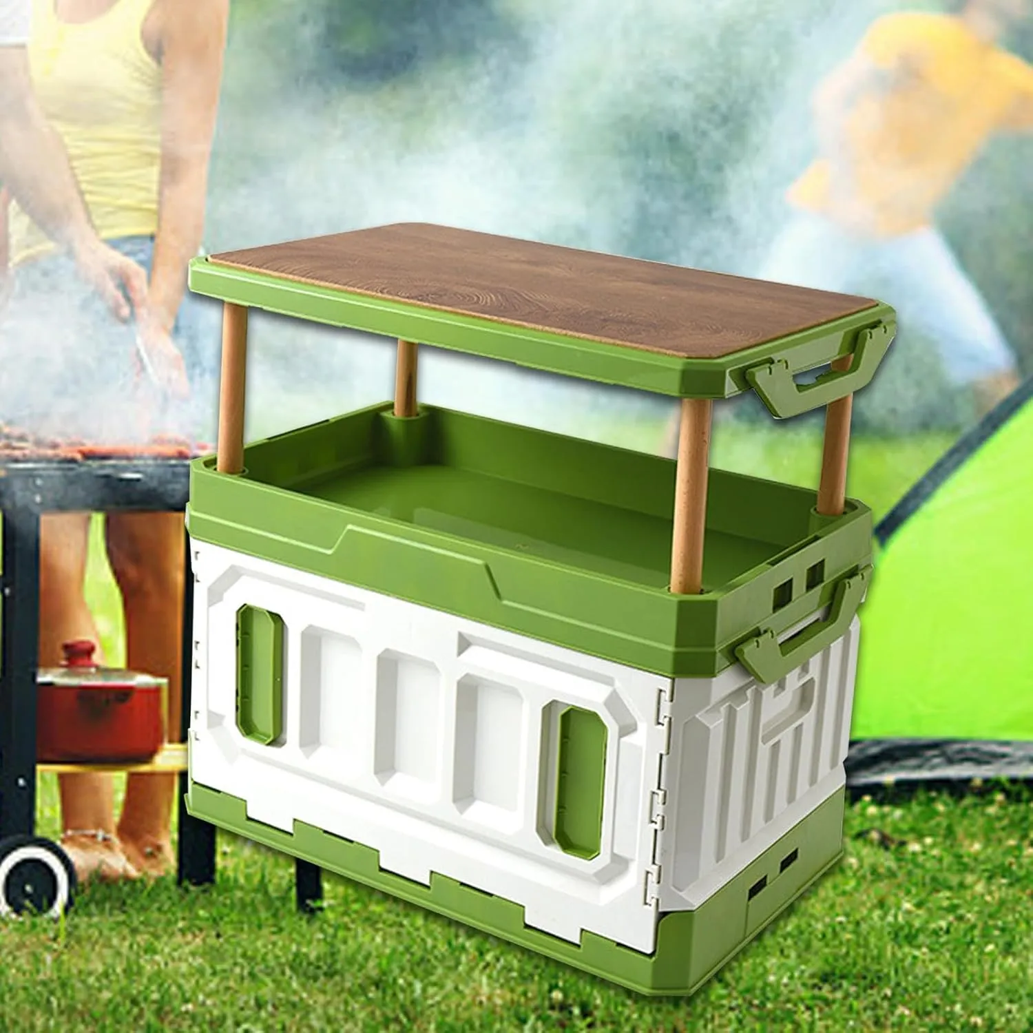 Outdoor Gear Storage Solution with Wooden Lid and Handle - Portable Organizer for Camping and Travel, Green