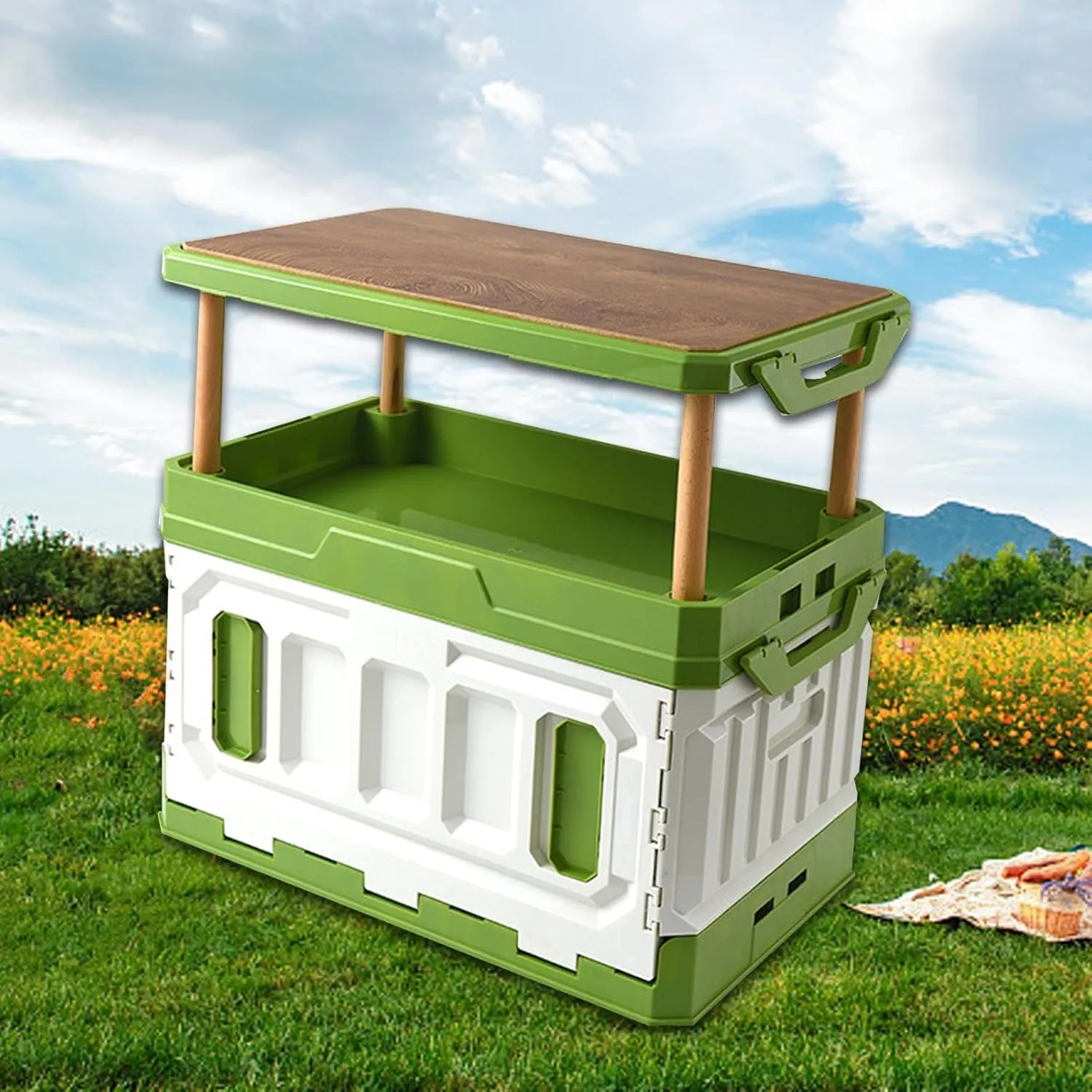 Outdoor Gear Storage Solution with Wooden Lid and Handle - Portable Organizer for Camping and Travel, Green