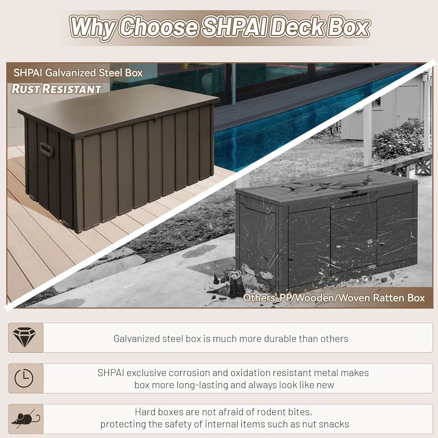 Outdoor Storage Box, 100 Gallon Metal Deck Box Waterproof, Outside Steel Storage Lockable Cabinet, Indoor Storage Bin Container for Patio/Poolside/Backyard Cushions, Pillow -Brown