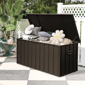 Outdoor Storage Box, 100 Gallon Metal Deck Box Waterproof, Outside Steel Storage Lockable Cabinet, Indoor Storage Bin Container for Patio/Poolside/Backyard Cushions, Pillow -Brown