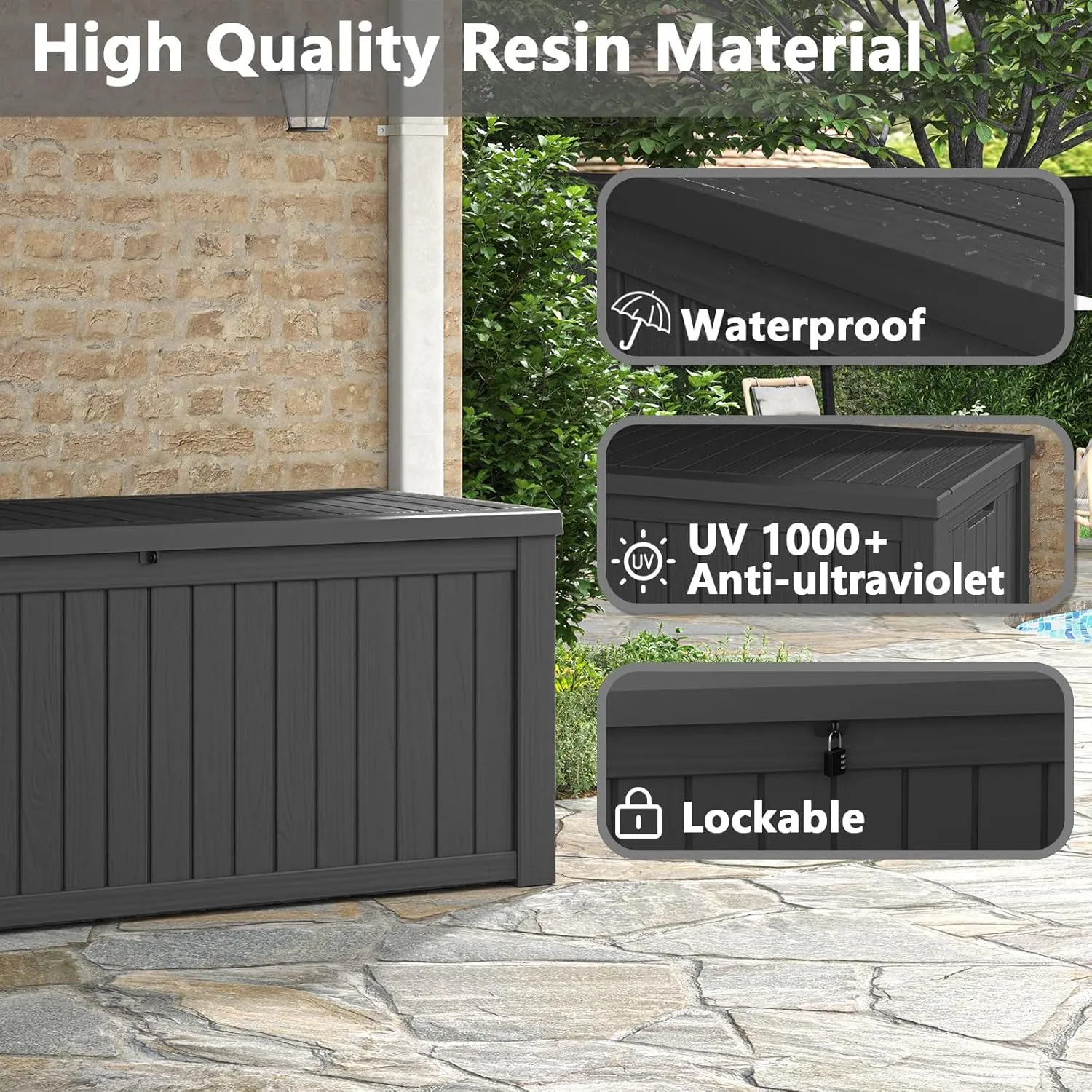 Outdoor Storage Box, 180 Gallon Deck Box, Waterproof and UV Resistant Large Resin Storage Bin, Organization and Storage for Patio Furniture, Outdoor Cushions, Garden Tools, Lockable