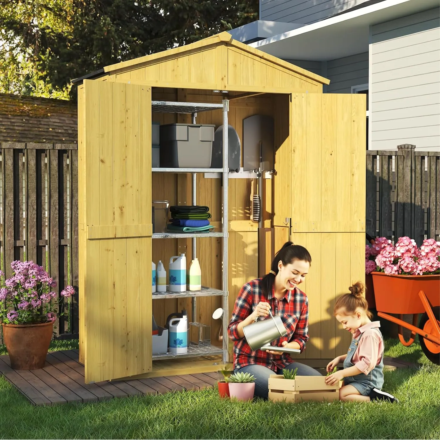 Outdoor Storage Shed, 4.6x2.3 FT Wood Sheds Garden Outdoor Storage Cabinet Waterproof, Storage Sheds Outdoor with Floor, Solid Wood Tool Shed for Poolside, Patio, Backyard, Lawn, Yellow