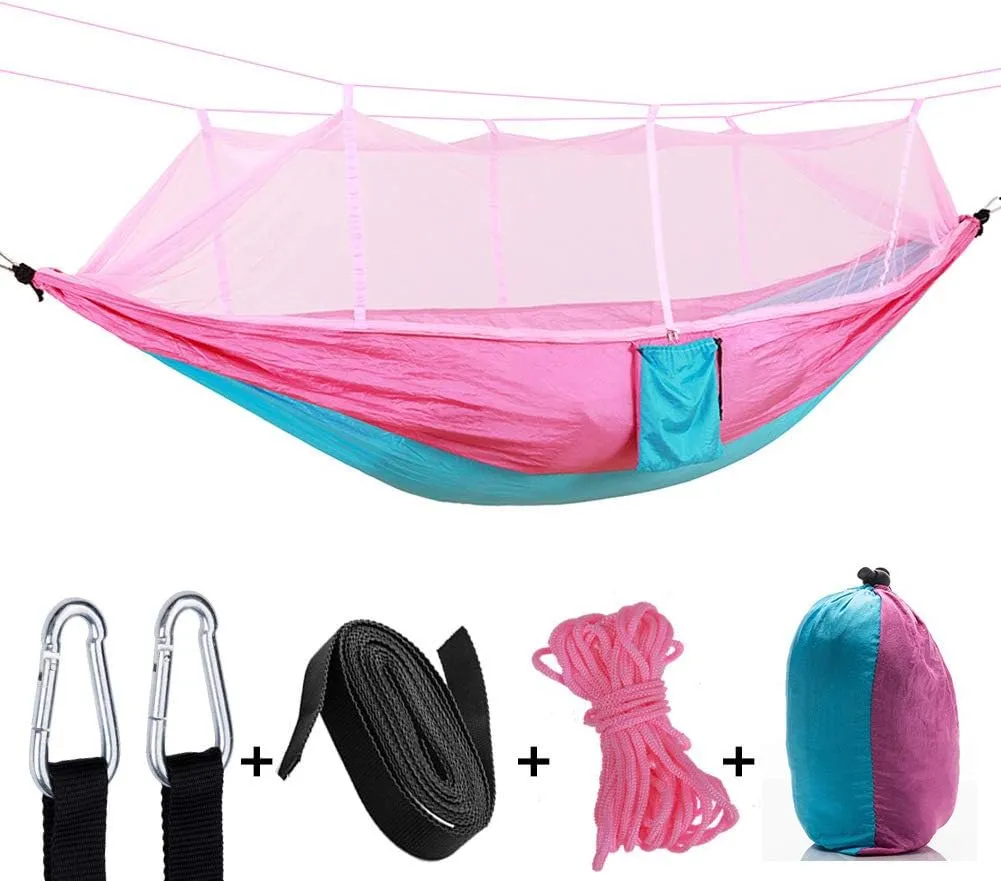 Outdoor Ultralight Hammock,Premium Camping Hammock with Mosquito Net,Ultralight Portable Nylon Parachute Hammock Travel Beach Pink 260x140cm