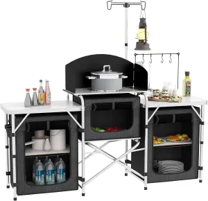Outsunny Camping Kitchen Table, Portable Folding Camp Kitchen, Aluminum Cook Station with 3 Fabric Cupboards, Windshield, Carrying Bag for BBQ, RV, Picnic, Black