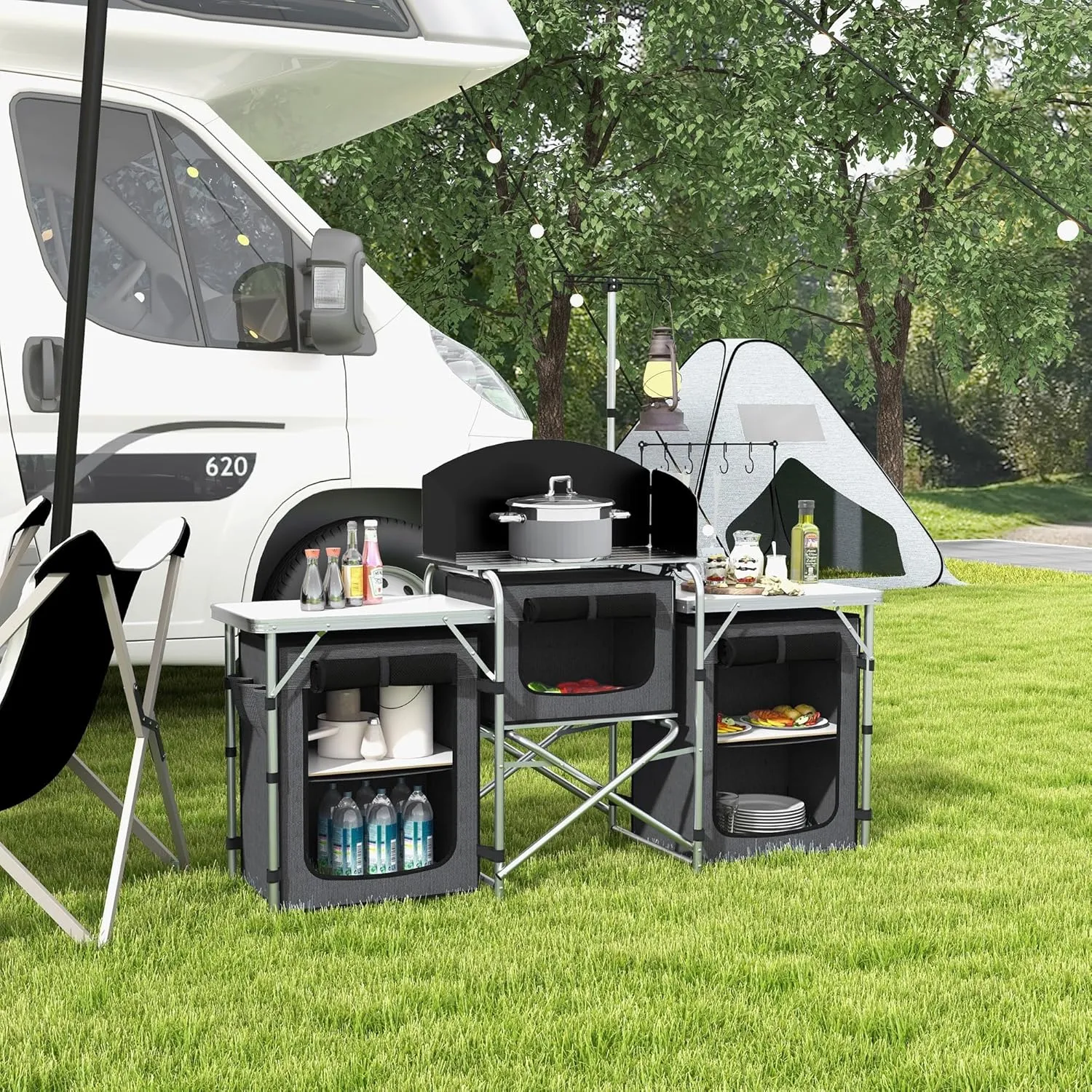 Outsunny Camping Kitchen Table, Portable Folding Camp Kitchen, Aluminum Cook Station with 3 Fabric Cupboards, Windshield, Carrying Bag for BBQ, RV, Picnic, Black