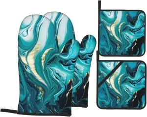 Oven Mitts and Pot Holders Sets Abstract Teal Blue Marble Print Heat Resistant Oven Gloves and Hot Pads Set Kitchen Potholder Gloves Oven Mitt 4 Piece