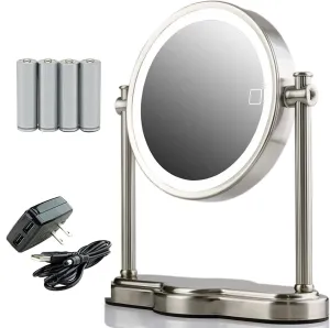 OVENTE Lighted Magnifying Mirror, 8'' Table Top, 1X & 10X Double Sided, 3 Tone, Smart Touch Round LED, Auto Shut Off, Ideal for Makeup & Skin Care, Battery or USB Powered, Nickel Brushed MHT80BR1X10X