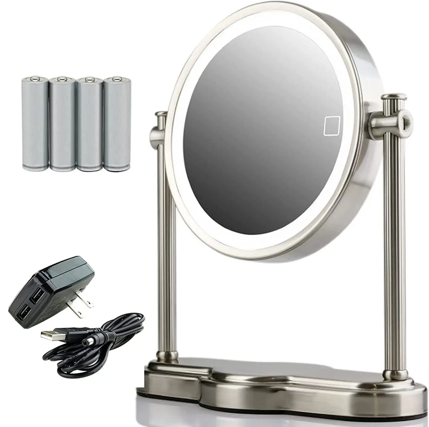 OVENTE Lighted Magnifying Mirror, 8'' Table Top, 1X & 10X Double Sided, 3 Tone, Smart Touch Round LED, Auto Shut Off, Ideal for Makeup & Skin Care, Battery or USB Powered, Nickel Brushed MHT80BR1X10X