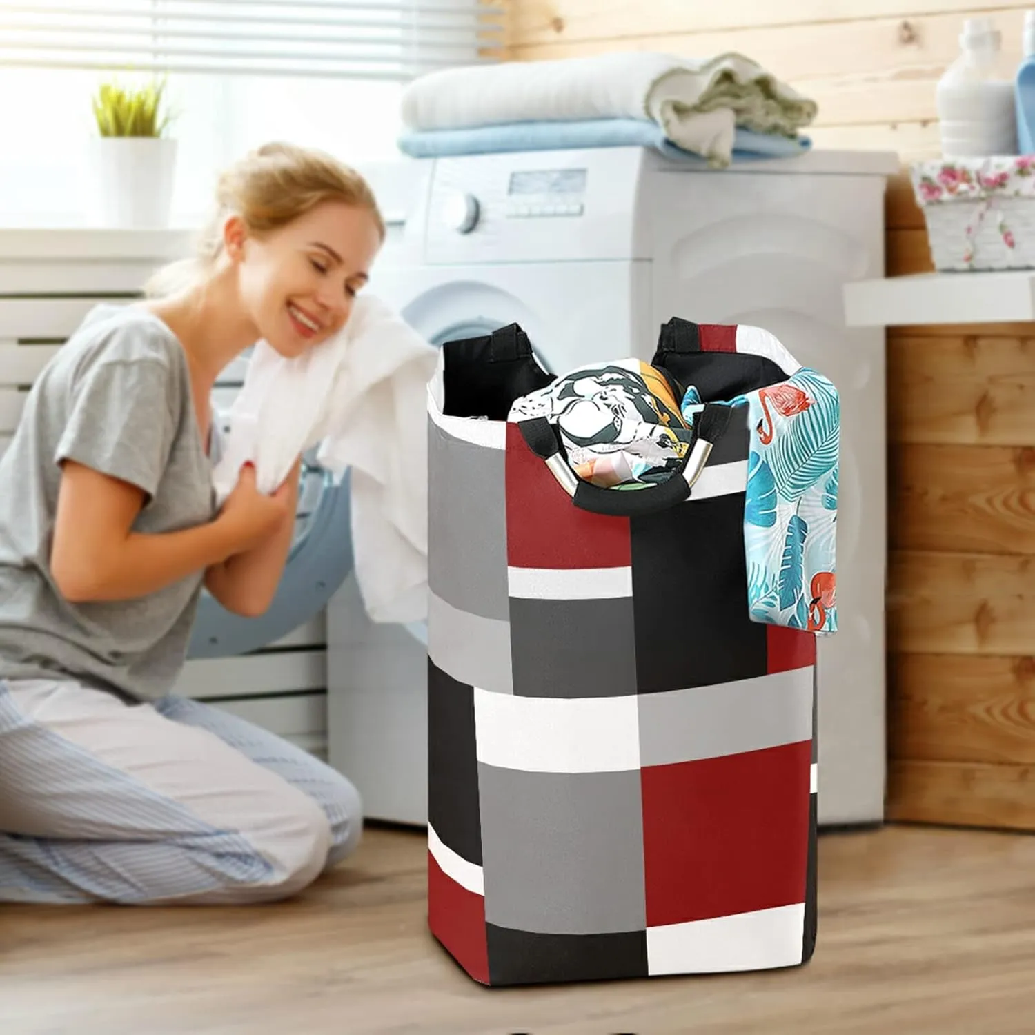 Oyihfvs Seamless Red, Grey, Black and White Rectangles Modern Style Laundry Hamper Basket Bucket, Foldable Dirty Clothes Bag, Waterproof Fabric Washing Bin, Toy Storage with Handles for Bathroom