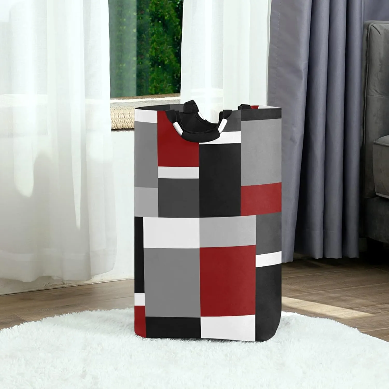 Oyihfvs Seamless Red, Grey, Black and White Rectangles Modern Style Laundry Hamper Basket Bucket, Foldable Dirty Clothes Bag, Waterproof Fabric Washing Bin, Toy Storage with Handles for Bathroom